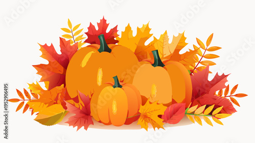 Autumn arrangement featuring vibrant pumpkins and colorful fallen leaves
