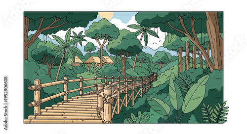 Tropical jungle pathway with wooden bridge leading to village huts, lush green forest scenery.