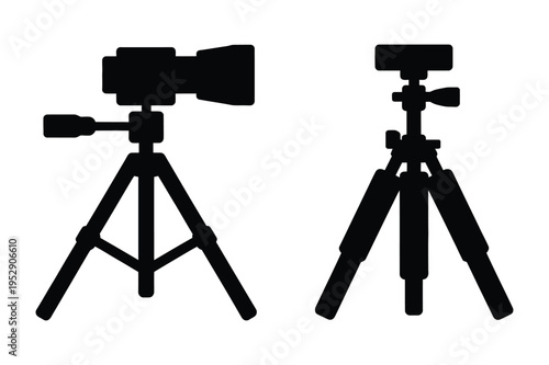 Camera tripod and monopod silhouettes on white background