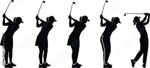Woman golfer silhouettes collection, female golf swing poses vector set, sport activity icons isolated, fitness training design elements for professional projects