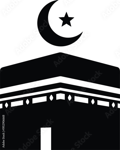 Kaaba silhouette with crescent moon and star, Islamic holy site in Mecca, Muslim pilgrimage symbol, black vector illustration for HajjKaaba silhouette with crescent moon and star,