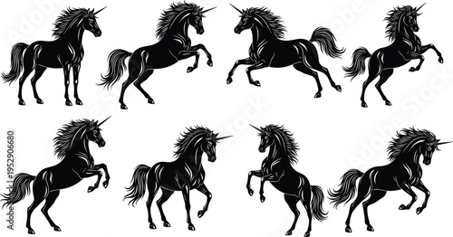Unicorn silhouettes collection with rearing and running poses, fantasy horse vector set, magical creature icons isolated, mythical design elements for creative projects
