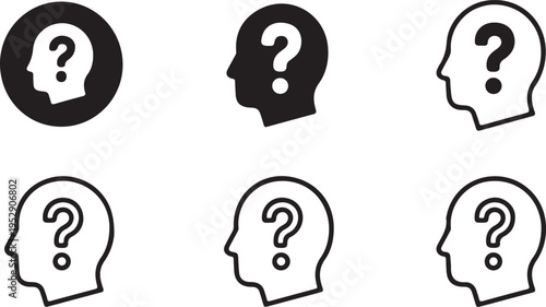 Collection of human head profiles with question marks signifying uncertainty, confusion, or inquiry