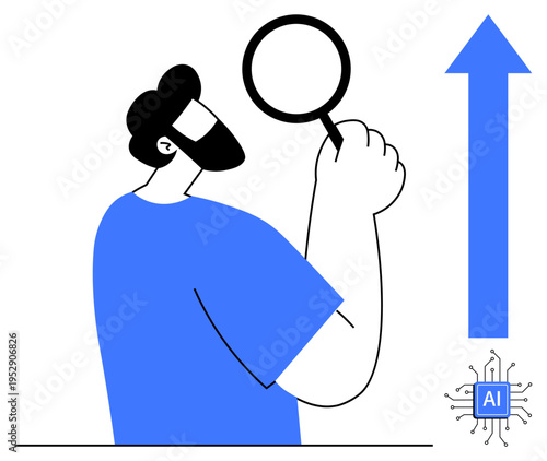 Technology, growth, data analysis, artificial intelligence, business advancement, innovation. A man with a magnifying glass, upward arrow and AI symbol. Technology and growth concept