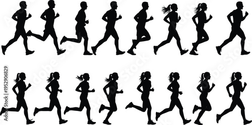 Running people silhouettes collection, men and women jogger poses vector set, fitness activity isolated icons, marathon training movement design elements pack