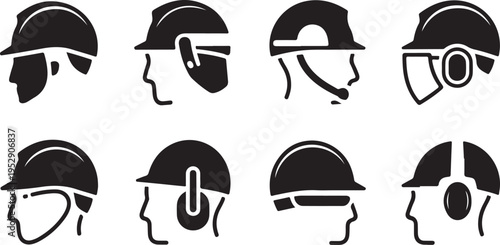 Eight black silhouette icons depicting various worker safety helmets and protective headwear variations