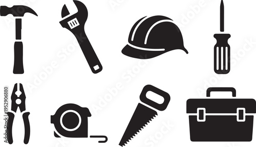 Essential hand tools and safety equipment like a hammer, wrench, hard hat, and screwdriver icons
