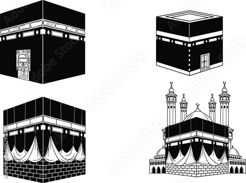 Kaaba vector illustration set, Islamic holy Kaaba icons with different perspectives, Mecca sacred mosque symbol, Muslim Hajj and Umrah pilgrimage design collection