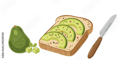Avocado Toast with Sliced Avocado on Bread and Knife Illustration
