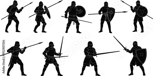 Medieval knight warrior silhouettes collection, armored soldiers with swords spears shields vector set, historical combat poses isolated, ancient battle design elements