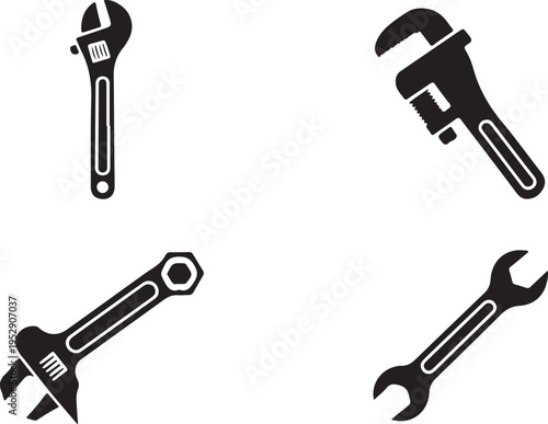 Four distinct types of essential wrenches displayed as black silhouettes on a clean white background