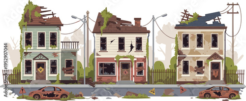 Abandoned ruined houses vector illustration with broken buildings damaged cars urban decay and post apocalyptic environment scene collection