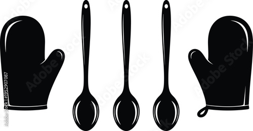 Kitchen oven mitts and spoons utensil set, cooking tools collection icon, kitchenware equipment illustration, black and white vector silhouette design