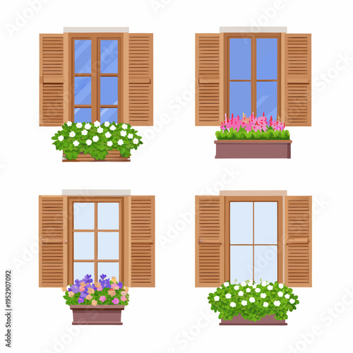 Four windows with flower boxes and wooden shutters on a white wall