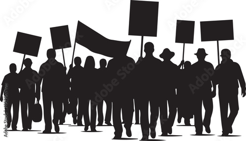 Protesters silhouette vector line art illustration, crowd marching with signs and banner