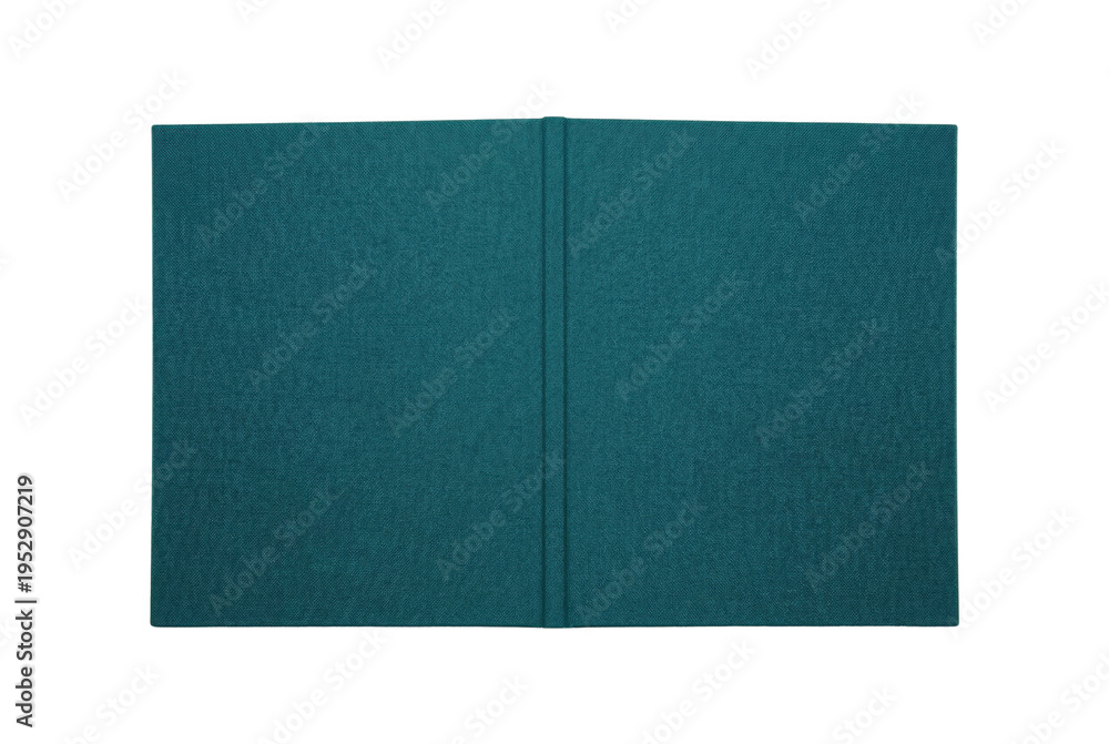 Fototapeta premium Open blank teal fabric book cover. Textured cloth notebook mockup.