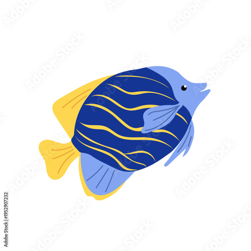 Tropical exotic blue fish, Isolated on white background. Marine inhabitant for kids nursery decor, ocean themed posters, and textile prints.
