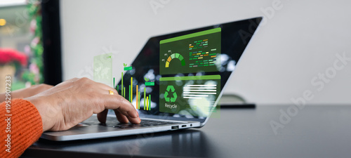 Fotografía Businesswoman analyzing ESG sustainability data on laptop