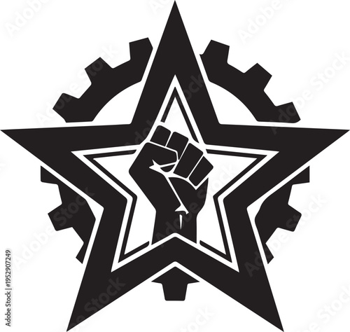 Revolutionary star gear and raised fist vector silhouette illustration protest line art