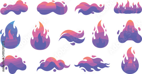 Abstract gradient fire flames vector set with colorful fluid shapes modern energy elements and dynamic burning illustration collection
