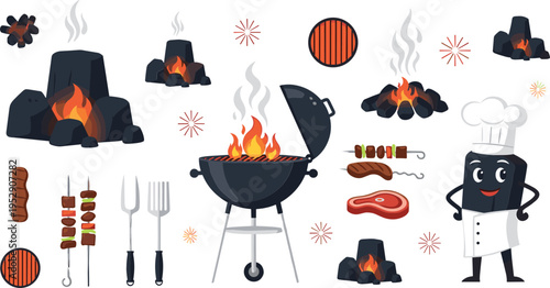 BBQ grill and campfire vector set with chef character meat skewers barbecue tools and outdoor cooking illustration collection