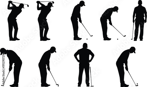  Golf player silhouettes collection, golfer swing and putting poses vector set, sport activity icons isolated, professional golf design elements for projects