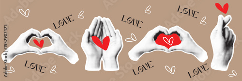 Halftone pop art dot hands heart shape fingers love gesture romantic symbol affection relationship vector illustration