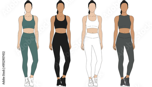 Yoga women in different colored sportswear standing in various poses