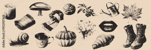 Halftone pop art dot candle mushroom cake roll croissant snail cup pumpkin leaf watering can boots food nature objects set vector illustration