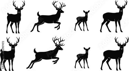 Deer silhouettes collection with stag and fawn poses, wildlife animal vector set, forest nature icons isolated, hunting and woodland design elements