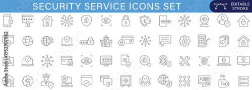 Security Service Icons Set Cyber Protection Data Privacy Network Safety Shield System Monitoring Access Control Technology Collection.