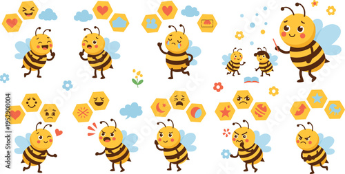 Cute bee cartoon characters with emotions and honey icons colorful vector set for kids design and playful illustration collection