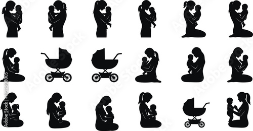 Mother and baby silhouette collection, mom holding infant and stroller icons set, parenting motherhood love concept vector illustration isolated