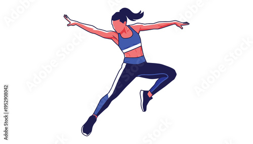 A woman in athletic wear jumping in the air with her arms outstretched