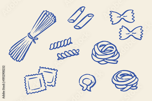 Pasta elements set outline sketch vector illustration
