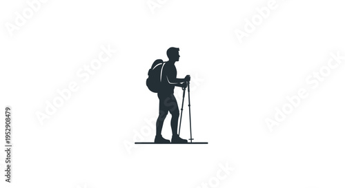 Silhouette hiker with backpack and trekking poles on white background, adventure concept.
