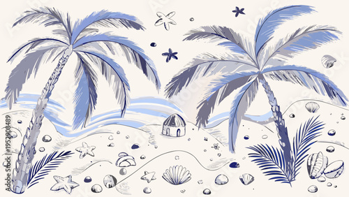A tranquil beach scene with palm trees shells and a small hut