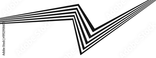 Curved geometric stripes with dimensional arrows create abstract motion. Wavy patterns suggest speed and direction with vintage-inspired chevron shapes on white background.