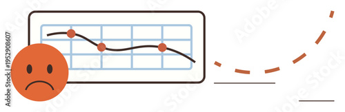 Economic downturn, business loss, financial crisis, data analysis, market decline, stock drop. Chart with declining graph and sad face. Economic downturn and business loss illustrated