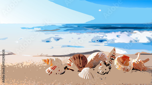 Seashells rest on a sandy beach with a vibrant blue ocean backdrop