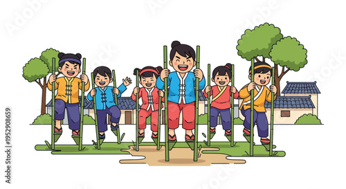 Children Joyfully Walking on Stilts in Traditional Attire, Outdoor Fun