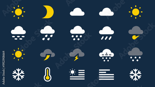 Weather icons depicting sun clouds rain snow and temperature variations