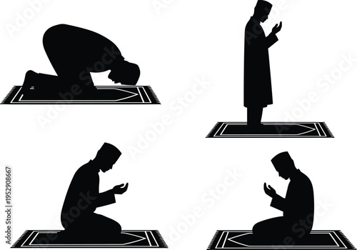 Muslim prayer positions silhouette set, Islamic salat steps on prayer mat, sujood dua standing kneeling worship, Ramadan spirituality vector illustration isolated collection
