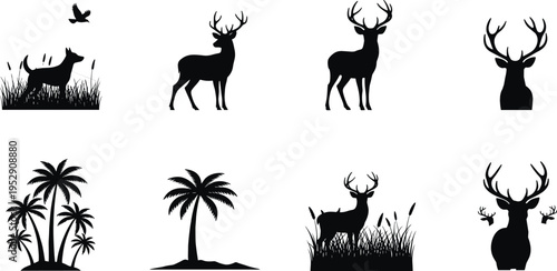 Deer silhouette set featuring buck with antlers, hunting dog, palm trees, and wild nature landscape elements isolated on white background vector