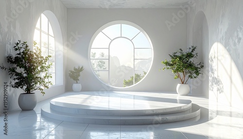 Minimalist White Interior with Round Window and Podium Stage.