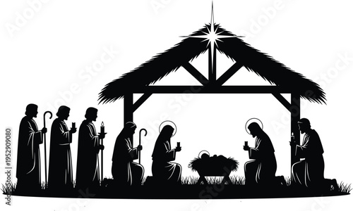 Nativity scene silhouette with baby Jesus in manger, Mary Joseph and three wise men under Bethlehem star, 