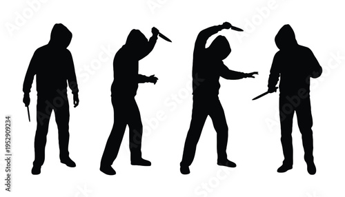 A hooded silhouette of a man with a knife in various poses