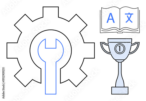 Business efficiency concept. Gear and wrench suggest optimization, translation symbol indicates multilingual capability, and trophy s accomplishment. For productivity tools, education, global