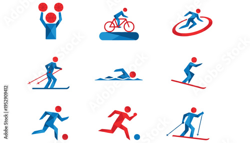 Sport icon set with various athletic activities and mountain background
