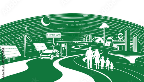 A conceptual illustration of a family walking on a path toward a sustainable green future vision